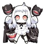  1girl ahoge anger_vein chibi clenched_hands dress full_body horns kantai_collection long_hair looking_at_viewer machinery matahachi mittens northern_ocean_hime pale_skin red_eyes shinkaisei-kan simple_background solo_focus standing tagme teeth turret white_background white_dress white_hair 