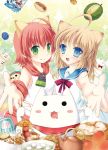  2girls :d :q ahoge animal_ears blonde_hair blue_eyes book cat_ears food green_eyes long_hair looking_at_viewer multiple_girls open_mouth original redhead short_hair smile suihi tongue tongue_out 