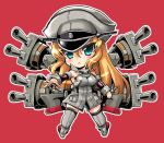  &gt;:&lt; 1girl aqua_eyes arm_warmers bare_shoulders bismarck_(kantai_collection) blonde_hair blush bottomless breasts chibi full_body grey_legwear hat hata highres kantai_collection large_breasts long_hair machinery military military_uniform outline outstretched_arm peaked_cap pink_background sleeveless solo thigh-highs turret uniform very_long_hair zettai_ryouiki 