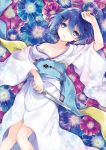  1girl blue_hair collarbone copyright_request gradient_eyes hair_ornament holding japanese_clothes kimono knife kona_(canaria) looking_at_viewer lying multicolored_eyes ogrebuster_overdrive short_hair solo 