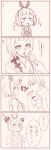  1boy 1girl blush breasts candy comic hair_ribbon highres hoodie indirect_kiss jewelry kedama_keito lollipop monochrome necklace original ribbon shared_food short_hair translation_request 
