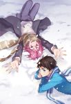  2boys blue_eyes brown_hair free! from_above highres looking_at_viewer lying male matsuoka_rin multiple_boys nanjou_(sumeragimishiro) on_back open_mouth red_eyes redhead scarf short_hair snow yamazaki_sousuke 