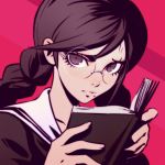  1girl book braid brown_eyes brown_hair dangan_ronpa fukawa_touko glasses halftone ilya_kuvshinov long_hair looking_at_viewer mole round_glasses school_uniform serafuku simple_background solo twin_braids 