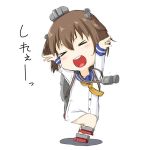  arms_up binoculars chibi closed_eyes commentary_request hair_ornament kantai_collection niwatazumi one_leg_raised open_mouth sailor_dress translation_request yukikaze_(kantai_collection) 