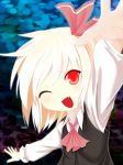  1girl ;d ascot blonde_hair blouse fang hair_ribbon highres one_eye_closed open_mouth red_eyes ribbon rumia short_hair smile touhou vest watatsuki_dai_usagi-ko 