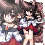  1girl animal_ears blush brooch brown_hair dress fang fingernails imaizumi_kagerou iwaki_hazuki jewelry long_hair long_sleeves open_mouth red_eyes smile solo tail touhou wide_sleeves wolf_ears wolf_tail 