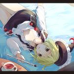  blonde_hair blouse cup flute hat hat_removed headwear_removed highres instrument long_sleeves looking_at_viewer lunasa_prismriver lying makuwauri open_clothes open_mouth open_shirt open_vest short_hair skirt tea touhou vest yellow_eyes 