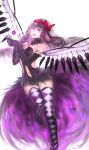  1girl akemi_homura akuma_homura alternate_breast_size argyle argyle_legwear bare_shoulders black_gloves black_hair bow breasts choker dark_orb_(madoka_magica) dress elbow_gloves feathered_wings gloves hair_bow highres long_hair looking_at_viewer mahou_shoujo_madoka_magica mahou_shoujo_madoka_magica_movie open_mouth simple_background smile solo spoilers thigh-highs violet_eyes white_background wings 