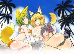  3girls animal_ears ass bikini black_hair blonde_hair breasts character_request cleavage fish flower fox_ears fox_tail goggles goggles_on_head graz green_eyes green_hair hair_flower hair_ornament large_breasts looking_at_viewer multicolored_hair multiple_girls orange_bikini orange_eyes palm_tree polka_dot polka_dot_bikini polka_dot_swimsuit purple_hair sengoku_collection sideboob smile swimsuit tail tree two-tone_hair under_boob violet_eyes white_bikini white_swimsuit 
