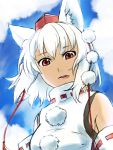  1girl animal_ears bare_shoulders breasts detached_sleeves hat inubashiri_momiji looking_at_viewer open_mouth pom_pom_(clothes) red_eyes short_hair silver_hair sky solo tokin_hat touhou wolf_ears zzzzzzzzzzzzzzp 