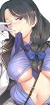  1girl black_eyes black_hair braid breasts bust glasses gloves gonou_hitomi large_breasts long_hair mouth_hold navel open_clothes rail_wars! ryuuta_(msxtr) solo uniform white_background white_gloves 