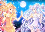  2girls bishoujo_senshi_sailor_moon blonde_hair blue_eyes brooch brown_eyes choker double_bun earrings full_moon gradient_hair hands_together jewelry long_hair magical_girl micpaca02 moon multicolored_hair multiple_girls orange_hair petals redhead sailor_cosmos sailor_galaxia skirt smile staff twintails very_long_hair white_hair wrist_cuffs 