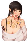  1girl bare_shoulders black_hair blush bra breasts cleavage earrings fangs fingernails highres huge_breasts jewelry kedama_keito long_hair looking_at_viewer necklace open_mouth original piercing red_eyes ring solo tattoo tongue tongue_out tongue_piercing underwear v 