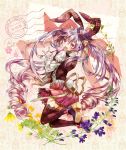  1girl :d animal_ears candy fake_animal_ears fang flower hair_ornament hat holding lollipop long_hair looking_at_viewer madogawa open_mouth original pleated_skirt purple_hair rabbit_ears red_eyes skirt smile solo tagme thigh-highs twintails very_long_hair zettai_ryouiki 