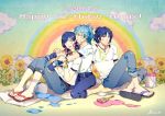  3boys alternate_hairstyle androgynous blue_hair bow bracelet choker dramatical_murder facepaint fingerless_gloves flower gloves gu-akira hair_bow hair_ornament hairclip happy_birthday hug hug_from_behind jewelry multiple_boys necklace paint paintbrush pants pants_rolled_up ponytail rainbow ren_(dramatical_murder) sandals sei_(dramatical_murder) seragaki_aoba short_twintails smile sunflower t-shirt twintails 