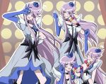  1girl arm_up blue_eyes blue_gloves blush choker cure_moonlight dress elbow_gloves flower gacchahero gloves hair_flower hair_ornament happinesscharge_precure! heart heartcatch_precure! lavender_hair long_hair magical_girl open_mouth parody precure rose singing solo tsukikage_yuri very_long_hair 