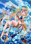  1girl akari1205 anklet armband barefoot blonde_hair blue_eyes bracelet breasts bubble cleavage fish hair_ornament highres jewelry legs long_hair original pointy_ears sky smile solo staff tattoo twintails very_long_hair water 