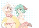  2girls animal_ears bikini blush breasts fang green_eyes green_hair highres inubashiri_momiji kasodani_kyouko multiple_girls open_mouth red_eyes shino_megumi short_hair smile swimsuit tail touhou white_hair wolf_ears wolf_tail 