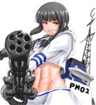  1girl abs alternate_costume bangs black_hair blunt_bangs braid crop_top crop_top_overhang gatling_gun grin gun japan_coast_guard kantai_collection kitakami_(kantai_collection) long_hair midriff minigun school_uniform serafuku sgt.size smile solo weapon white_background 