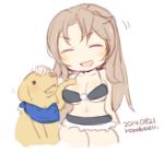  1girl blush breasts brown_hair closed_eyes dated dog idolmaster idolmaster_cinderella_girls large_breasts long_hair matsumoto_sarina navel open_mouth rondo_bell signature solo white_background 