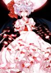  1girl ascot bat_wings brooch dress full_moon hat hat_ribbon jewelry knife looking_at_viewer mob_cap moon night pink_dress puffy_short_sleeves puffy_sleeves red_eyes red_moon remilia_scarlet ribbon short_sleeves silver_hair sky smile solo throwing_knife tian_(my_dear) touhou wings wrist_cuffs 