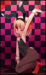  1girl ;p animal_ears arm_up armpits bare_shoulders blonde_hair bunnysuit checkered checkered_background checkered_floor flat_chest hair_ribbon highres looking_at_viewer one_eye_closed pantyhose rabbit_ears red_eyes ribbon rumia shamo_(koumakantv) short_hair tongue tongue_out touhou wrist_cuffs 