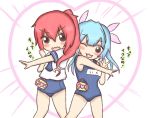  2girls :d blue_hair chibi commentary fang hair_ribbon happinesscharge_precure! i-168_(kantai_collection) i-19_(kantai_collection) jakoo21 kantai_collection long_hair multiple_girls name_tag open_mouth ponytail precure redhead ribbon school_swimsuit school_uniform serafuku smile swimsuit translated twintails 