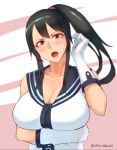  1girl black_hair blush breasts cleavage gloves highres kantai_collection kedama_keito large_breasts long_hair looking_at_viewer open_mouth ponytail red_eyes solo twitter_username white_gloves yahagi_(kantai_collection) 