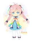  aimota antenna_hair blue_eyes braid character_name chibi dress heart hood_down hoodie long_hair looking_at_viewer pantyhose pink_eyes rainbow_gradient rana_(vocaloid) smile solo text twin_braids vocaloid white_legwear 