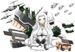  1boy 1girl airfield_hime boeing_c-17 ch-47_chinook chibi commentary_request f-15 horns humvee kantai_collection long_hair motor_vehicle pale_skin red_eyes sgt.size shinkaisei-kan solo_focus vehicle white_hair 