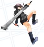  1girl alternate_color boots brown_eyes brown_hair dual_wielding eiji_(eiji) hoodie knife linne panties pantyshot player_2 reverse_grip short_hair solo sword under_night_in-birth underwear weapon white_panties 