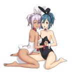  2girls alternate_hairstyle animal_ears bare_legs bare_shoulders barefoot blue_eyes blue_hair blush breasts bunny_girl bunny_tail bunnysuit dark_skin detached_collar heterochromia holding_hands interlocked_fingers kitano_(kitanosnowwhite) large_breasts looking_at_viewer multiple_girls open_mouth ponytail purple_hair rabbit_ears red_eyes short_hair simple_background sitting smile tail tatara_kogasa touhou twintails wariza white_background wrist_cuffs 