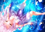  1girl blue_dress breasts bubble dress long_hair mintsu_(ichi--kun) orange_eyes original pink_hair solo strapless_dress underwater 