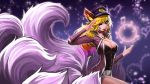  ahri animal_ears breasts cleavage fox_ears fox_tail goomrrat highres kitsune league_of_legends multiple_tails musical_note tail 