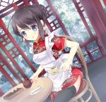  1girl black_eyes black_hair cake china_dress chinese_clothes dutch_angle food looking_at_viewer original parted_lips sitting solo suihi tagme 