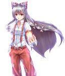  1girl bow fireball fujiwara_no_mokou hair_bow hair_ribbon highres juliet_sleeves long_hair long_sleeves ofuda open_mouth pants puffy_sleeves red_eyes ribbon shirt silver_hair solo suspenders touhou tress_ribbon very_long_hair wendell 