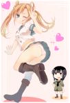  2girls ;p abukuma_(kantai_collection) ass black_eyes black_hair blonde_hair blue_eyes braid hand_on_hip heart kantai_collection kitakami_(kantai_collection) long_hair looking_at_viewer midriff multiple_girls navel one_eye_closed open_mouth panties pantyshot suitenjh tongue tongue_out twintails underwear v white_panties 