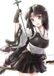  1girl :d arrow bow_(weapon) brown_eyes brown_hair brown_skirt hair_ribbon hakama_skirt highres japanese_clothes kantai_collection long_hair low-tied_long_hair muneate open_mouth pleated_skirt ribbon shouhou_(kantai_collection) single_glove skirt smile solo terawamu very_long_hair weapon white_background yugake 