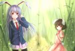  2girls :o animal_ears bamboo bamboo_forest black_hair bunny_tail carrot_necklace crescent dress forest frilled_sleeves frills highres inaba_tewi lavender_hair long_hair miniskirt multiple_girls nature puffy_short_sleeves puffy_sleeves rabbit_ears red_eyes reisen_udongein_inaba short_hair short_sleeves skirt suit_jacket tail thigh-highs touhou watatsuki_dai_usagi-ko zettai_ryouiki 