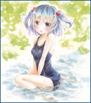  1girl ass bare_shoulders between_breasts blue_eyes blue_hair blush breasts collarbone from_behind hair_bobbles hair_ornament hoppesatou kawashiro_nitori large_breasts looking_back no_hat one-piece_swimsuit open_mouth partially_submerged school_swimsuit shiny shiny_clothes short_hair short_twintails sitting smile solo sweat sweatdrop swimsuit touhou twintails v_arms wariza water_drop 