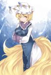  1girl animal_ears blonde_hair blush breast_lift breasts dress fox_ears fox_tail hammer_(sunset_beach) hexagram large_breasts long_sleeves looking_at_viewer mob_cap multiple_tails short_hair sleeves_past_wrists smile solo tabard tail touhou yakumo_ran yellow_eyes 