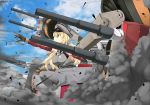  1girl aqua_eyes attack bismarck_(kantai_collection) blonde_hair blue_sky breasts clouds elbow_gloves gloves grey_legwear hat kantai_collection large_breasts long_hair military military_uniform outdoors outstretched_arms pandatyama peaked_cap sky sleeveless smoke solo thigh-highs turret uniform zettai_ryouiki 