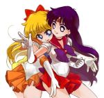  2girls aino_minako apple-boy bishoujo_senshi_sailor_moon black_hair blonde_hair blue_eyes bow choker circlet earrings elbow_gloves gloves hair_bow hino_rei inner_senshi jewelry long_hair miniskirt multiple_girls orange_skirt outstretched_hand pleated_skirt red_skirt sailor_collar sailor_mars sailor_senshi sailor_venus skirt v white_background white_gloves 