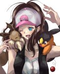  1girl artist_request blue_eyes brown_hair eevee highres hilda_(pokemon) one_eye_closed pokemon pokemon_(creature) pokemon_(game) ponytail tepig 