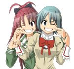  2girls blue_eyes blue_hair bow casual cheek_pull fangs grin hair_bow hair_ornament hairclip hiroshima_mikan hoodie long_hair mahou_shoujo_madoka_magica miki_sayaka multiple_girls one_eye_closed ponytail red_eyes redhead sakura_kyouko school_uniform short_hair smile wrist_grab 