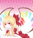  1girl alternate_costume arm_support bare_shoulders blonde_hair bored dress flandre_scarlet frilled_sleeves frills hair_ribbon highres kyun_(vacaloid) no_hat puffy_short_sleeves puffy_sleeves red_eyes ribbon short_hair short_sleeves side_ponytail solo touhou wings 