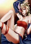  1girl :d absurdres animal_ears arm_up armpits bandeau bangs bare_shoulders black_legwear blonde_hair blue_hair breasts chain_chronicle choker cleavage collarbone cowboy_shot fang hair_between_eyes highres kneehighs leg_up legs long_hair looking_at_viewer lying mask midriff multicolored_hair navel on_back one_eye_covered open_mouth orange_eyes outstretched_arm shijiu_(adamhutt) shiny shiny_skin signature smile solo tagme tsurime tubetop two-tone_hair 