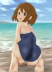  1girl ass barefoot brown_eyes brown_hair competition_school_swimsuit feet from_behind highres hirasawa_yui k-on! keisuke_(0320030103200301) looking_back one-piece_swimsuit school_swimsuit short_hair soles squatting swimsuit 