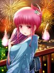  1girl :d fan fireworks folding_fan japanese_clothes kimono kozue_akari looking_at_viewer open_mouth pink_eyes pink_hair saigyouji_yuyuko short_hair smile spirit touhou 