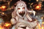  1girl ahoge ai-p black_panties fire highres horns kantai_collection long_hair looking_at_viewer mittens monster navel northern_ocean_hime open_mouth pale_skin panties red_eyes shinkaisei-kan smoke solo turret underwear white_hair 